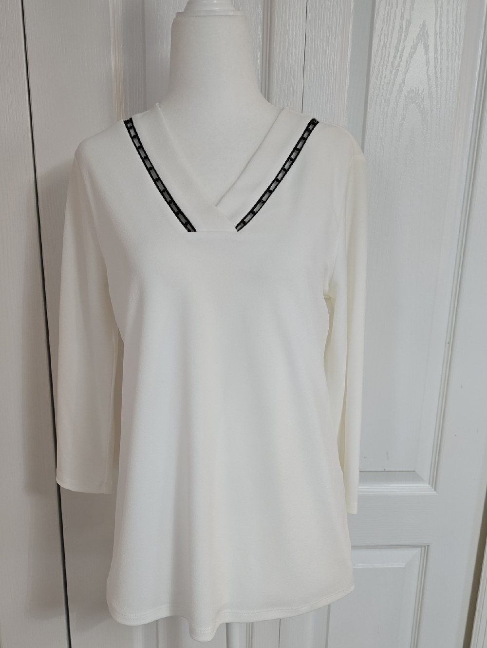 Calvin Klein White V-Neck Top with Black Logo Trim